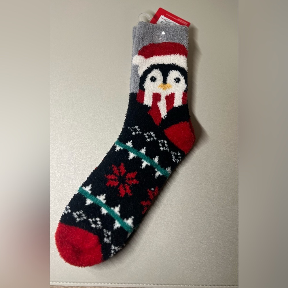 Holiday Penguin Fuzzy Crew Socks